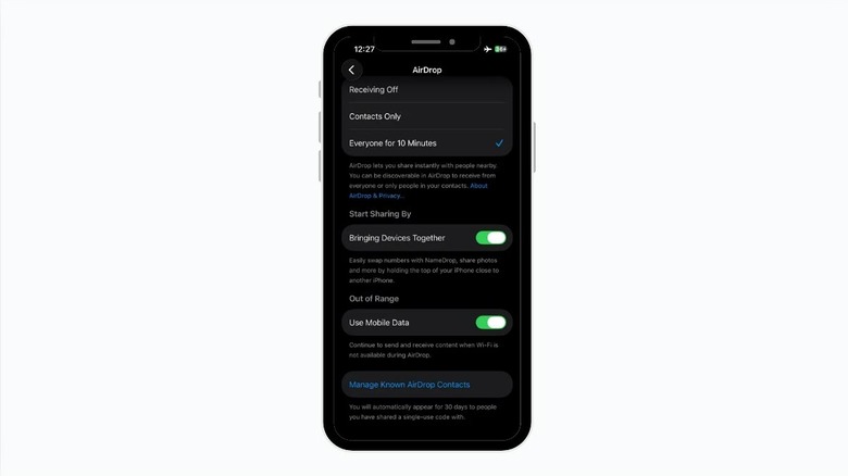 Screenshot of an iPhone screen showing the new "Manage Known AirDrop Contacts" option