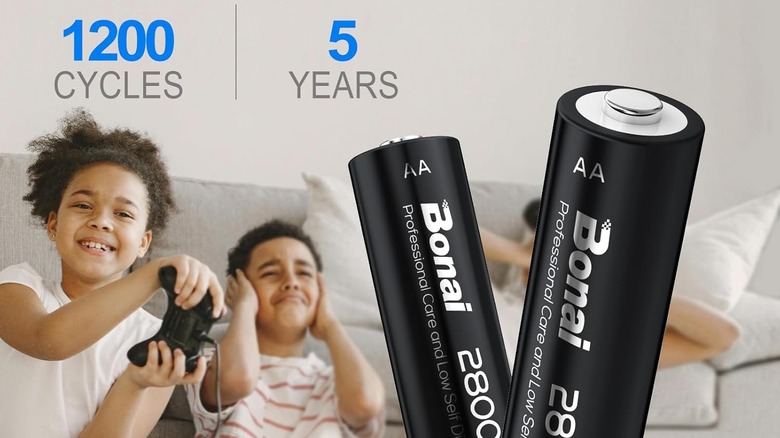 Two Bonai batteries superimposed on children playing video games.