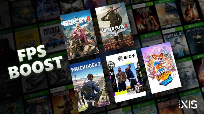 A promotional graphic for Xbox FPS Boost featuring various video game covers.