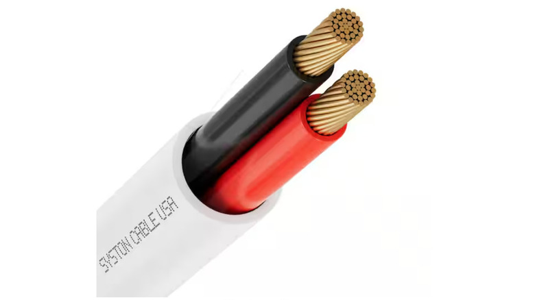 A cross-section of a Syston speaker wire from Home Depot showing the jacket, copper, and insulation.