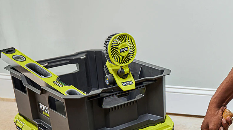 Ryobi USB Lithium clamp fan attached to a tool box