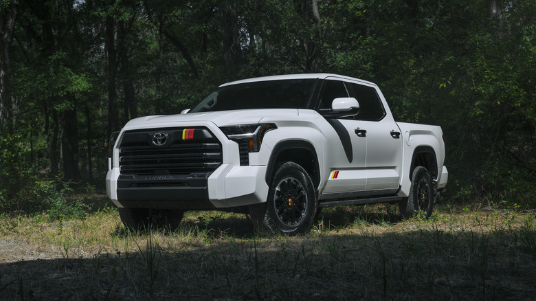 White Toyota Tundra parked in a field