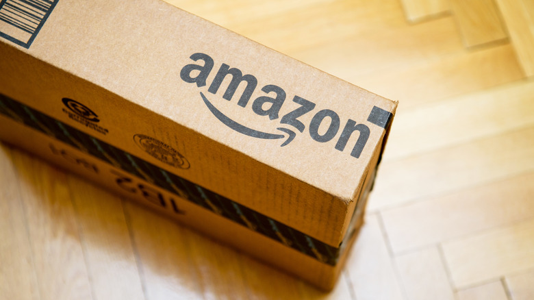 Amazon package on hardwood floor