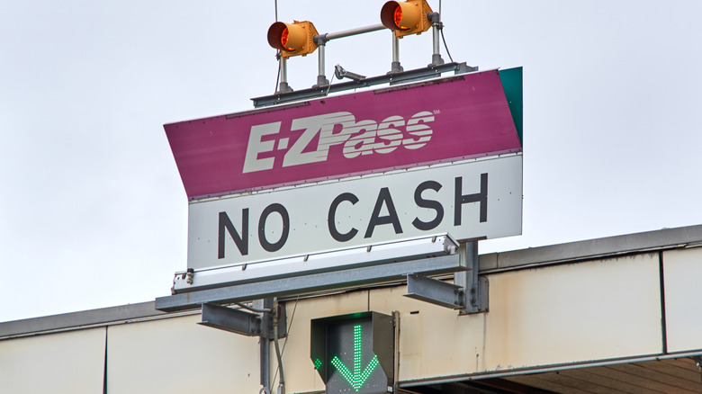 A sign indicating an E-ZPass only lane with no cash options