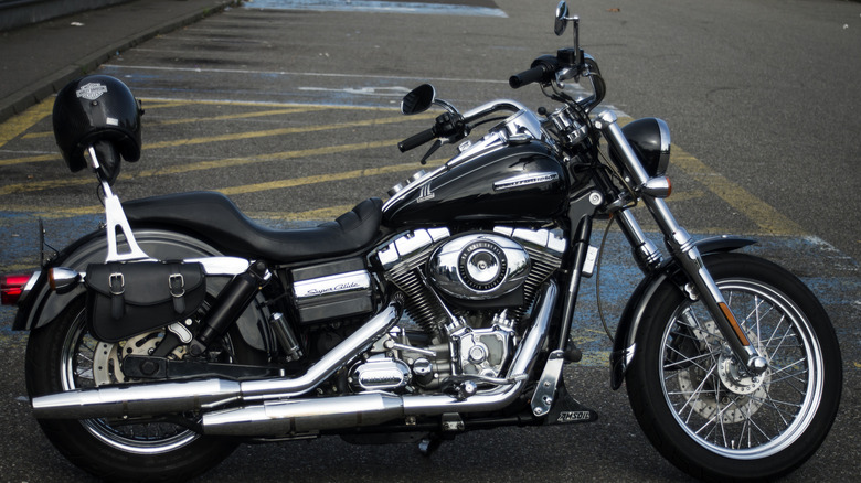 A close up of a Harley-Dvaidson bike parked