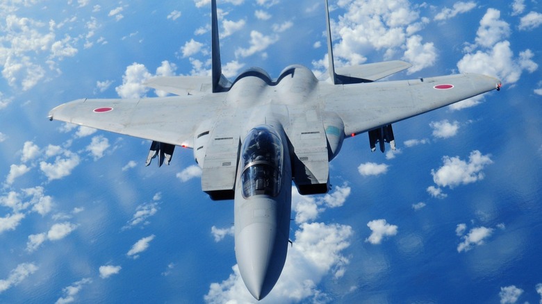 Front view of Japan Air Self-Defense Force F-15 in flight.