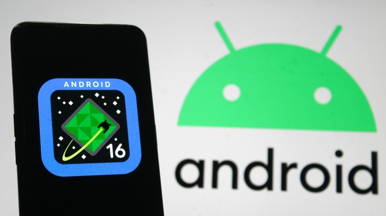 Android 16 on a phone with Android logo in the background