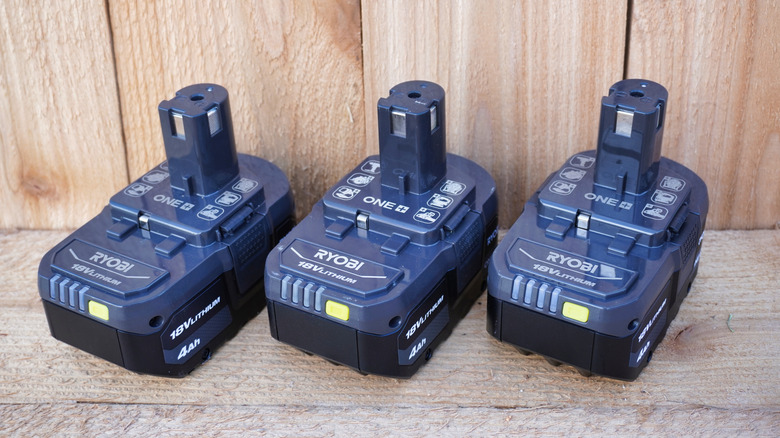 3 Ryobi 18V One+ tool batteries kept side by side