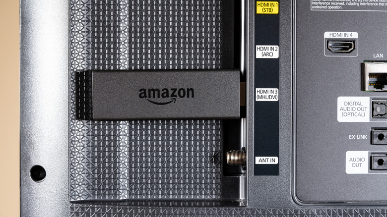 Fire TV Stick plugged into back of TV