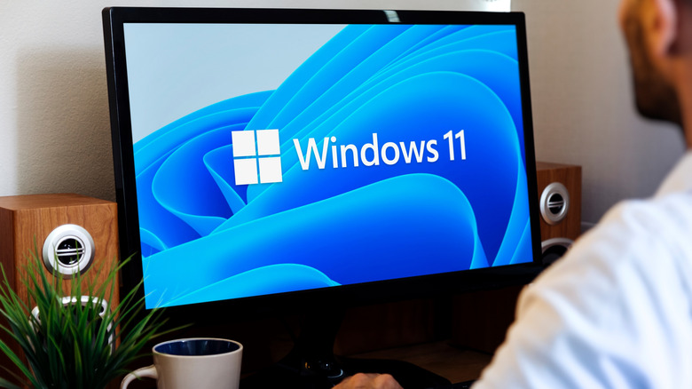 A person using a PC with Windows 11 logo on its screen