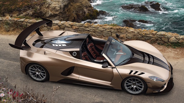 Front 3/4 overhead view of Hennessey Venom F5 Revolution LF in seaside setting