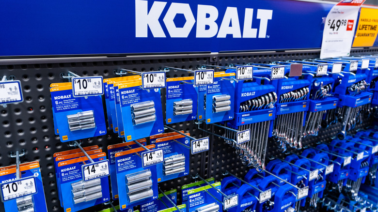 Many Kobalt tools on sale inside a Lowe's store.