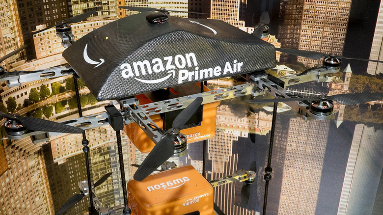 Amazon Prime Air drone on display.