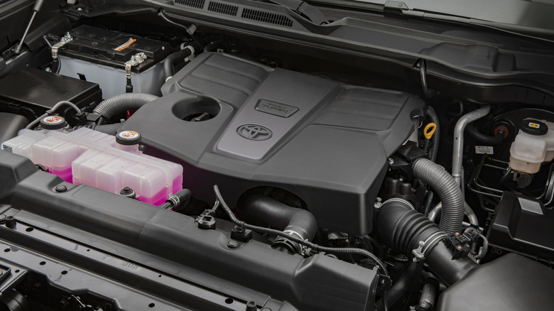 Toyota twin-turbo V6 engine in a Toyota Tundra engine bay
