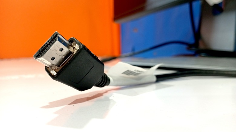 HDMI cable with tag wrapped around cord